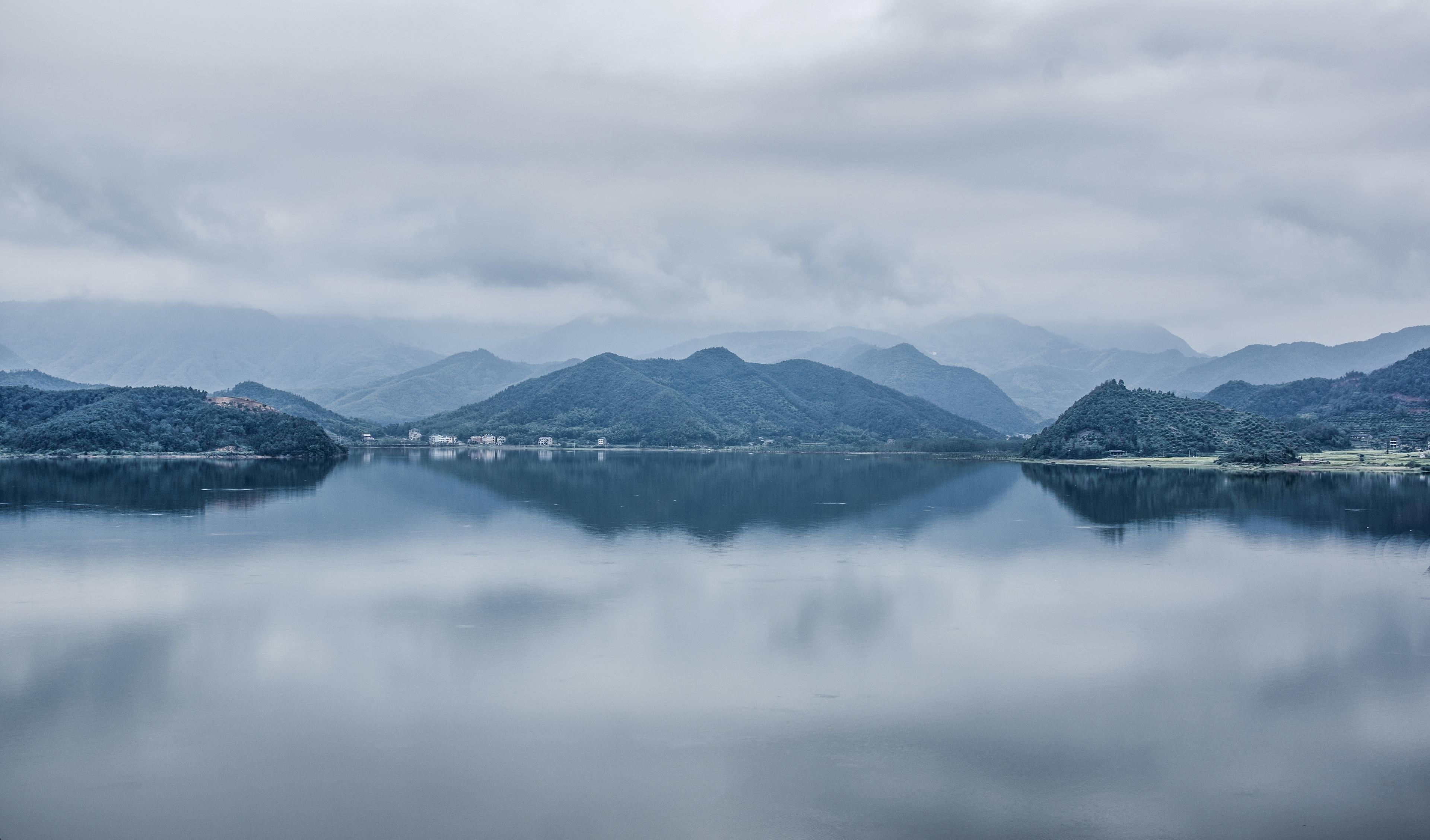 Misty river with overcast weather